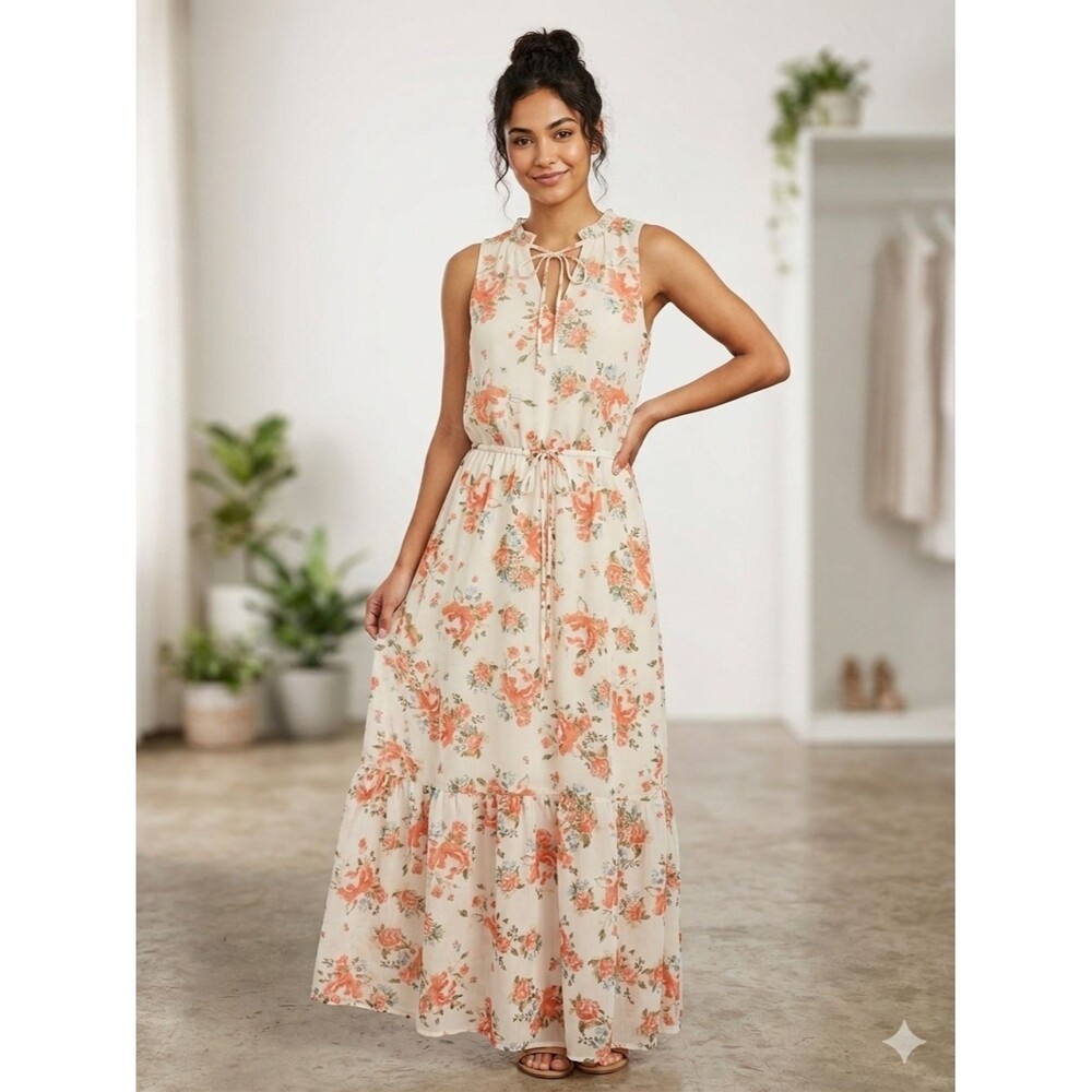 Mossimo Floral Sleeveless Maxi Dress XS Peach Orange Boho Tiered Cottagecore